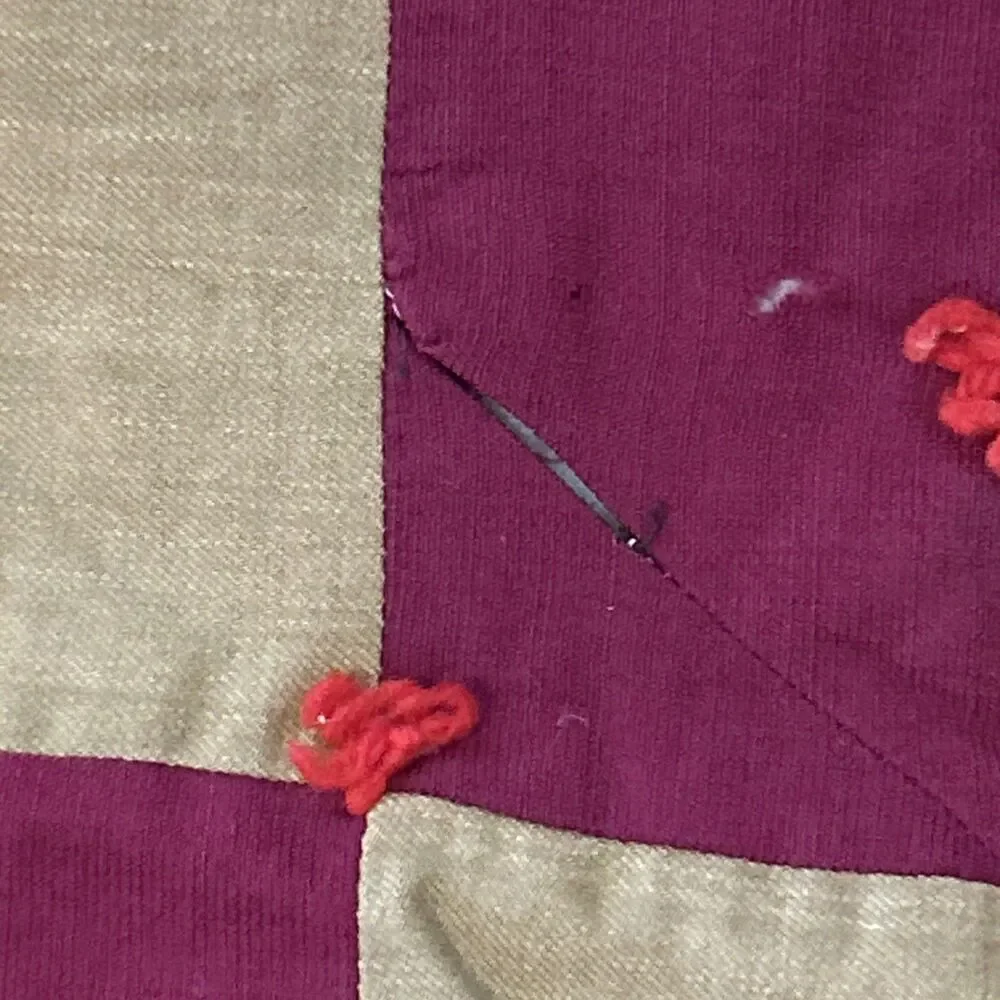 Antique vintage homemade checkerboard Tied quilt patchwork red mustard folk‎ art